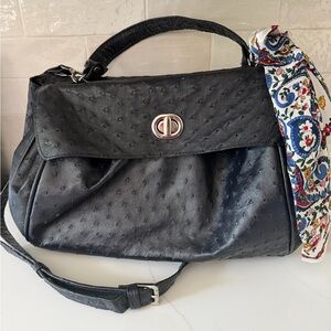 Elegant Blue Ostrich Leather Handmade Shoulder Bag with Scarf Accent